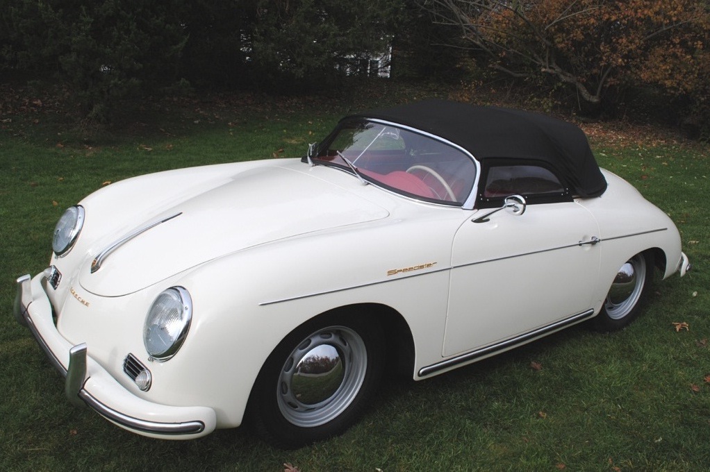 Elegant 1957 Porsche 356A Speedster in Speedster White, rebuilt engine, pristine red leather seats, new brakes, restored chrome, and matching numbers.