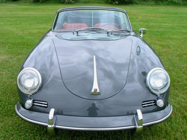 This factory-original Slate Grey 1961 Porsche 356B Cabriolet features red leather upholstery and a perfectly maintained manual gearbox.