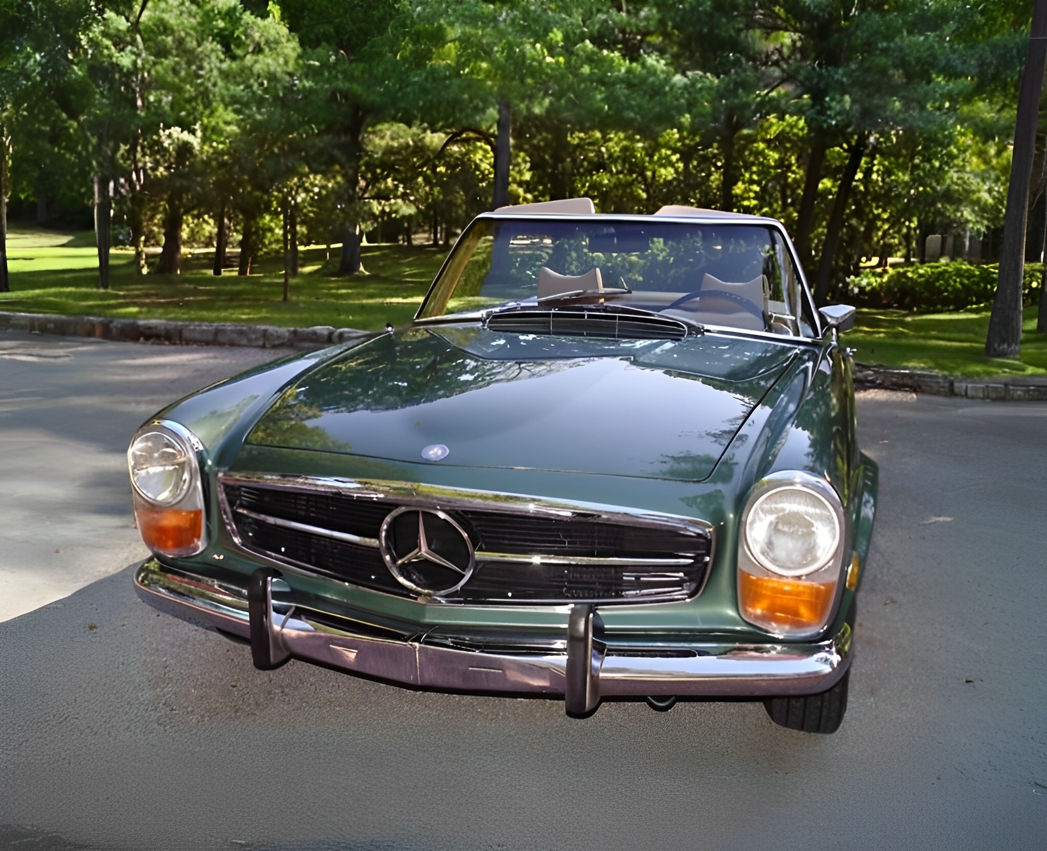 Authentic Green 1970 Mercedes-benz 280SL Pagoda Convertible Showcasing Tan Leather Interior And Clean Automatic Transmission.