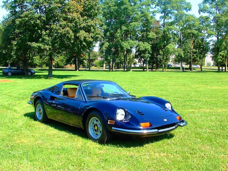 Investment-grade 1974 Ferrari 246 GTS Dino in Blue with black-insert Daytona seats, restored dash, and new plated bushings.
